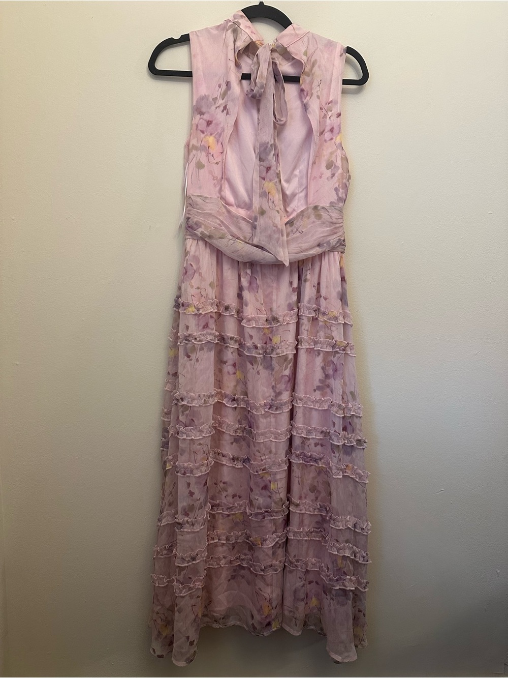 Freesia Pink Floral Chiffon Midi Dress Mock Neck Tie Back Ruffle Tiered Size Med - Picture 3 of 4